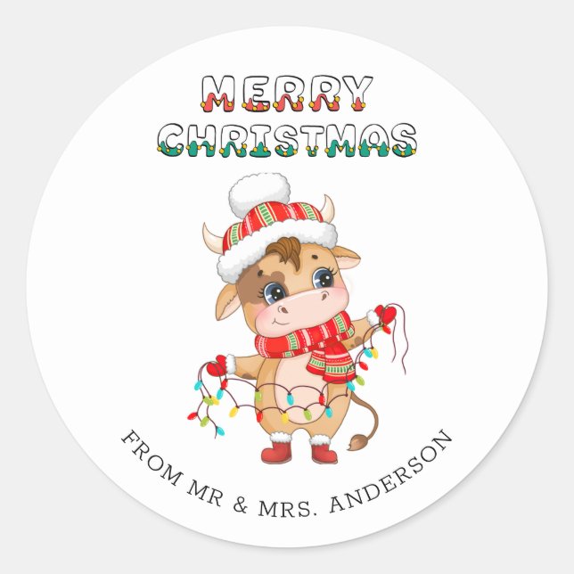 Adesivo Vaca de Natal bonita vestindo roupa de inverno (Frente)