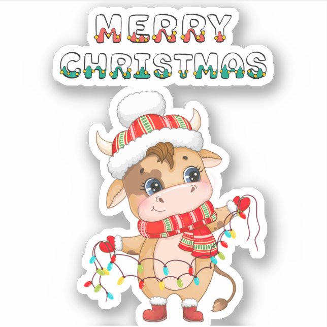 Adesivo Vaca de Natal bonita vestindo roupa de inverno (Frente)