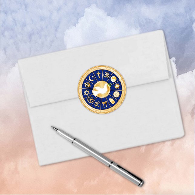 Adesivo Vaca do Pau Redondo da Paz (Dove of Peace Round Sticker.
Gold icons of world faiths surrounding the Dove of Peace.)