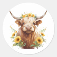 Vaca Highland com Flor Amarelo de Girassol