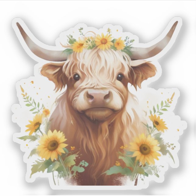 Adesivo Vaca Highland com Flor Amarelo de Girassol (Frente)