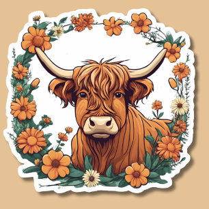 Adesivo Vaca Highland Com Flores Boêmicas