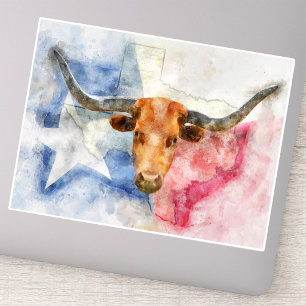 Adesivo Vaca Longhorn com mapa do Texas e Flag Watercolor