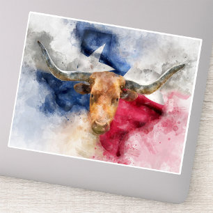 Adesivo Vaca Longhorn com Texas Flag Map Watercolor