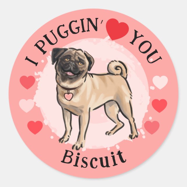 Adesivo Valentines Pug love pink hearts sticker set (Frente)