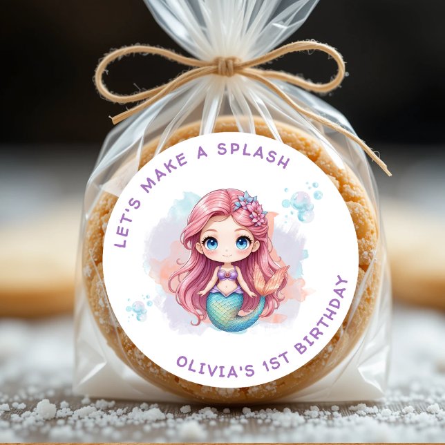 Adesivo Vamos faz uma Festa de aniversário de sereia de ga (Let's Make a Splash Girls Mermaid Birthday Party Classic Round Sticker
)