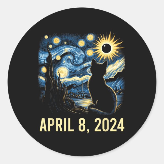 Adesivo Van Gogh Starry Night Cat Total Eclipse Solar Apri (Frente)