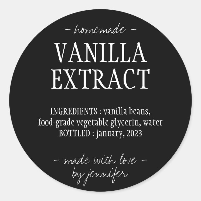 Adesivo Vanilla Extract Botão Bebida caseira preto simples (Frente)