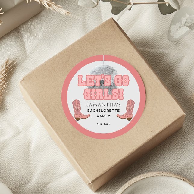 Adesivo Vaqueira de Disco Vamos Garotas Festa de Solteira (Retro Lets Go Girls Bachelorette Classic Round Stickers)