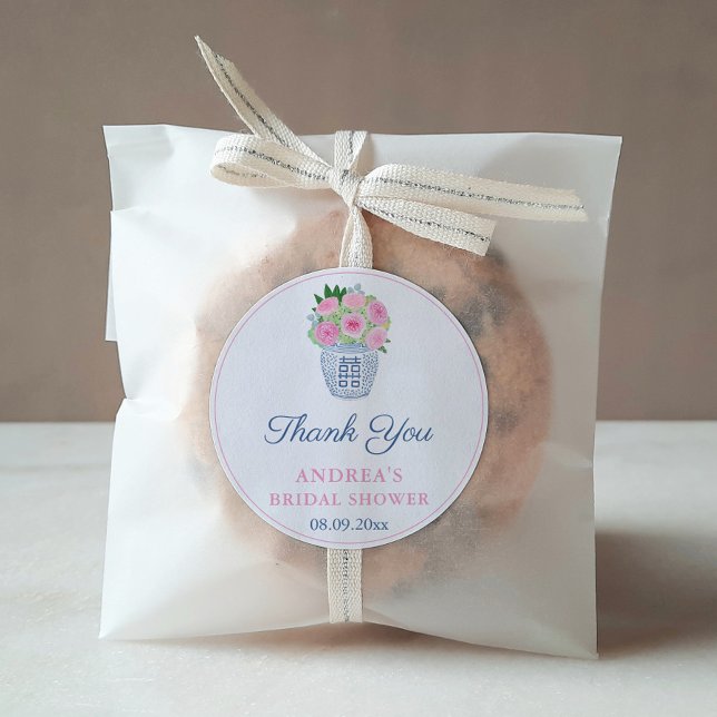Adesivo Vaso de Rosas de Jardim Rosa Presente de Chá de No (Preppy Navy Blue And White Ginger Jar With Pink English Roses Bridal Shower Thank You Favor Sticker)