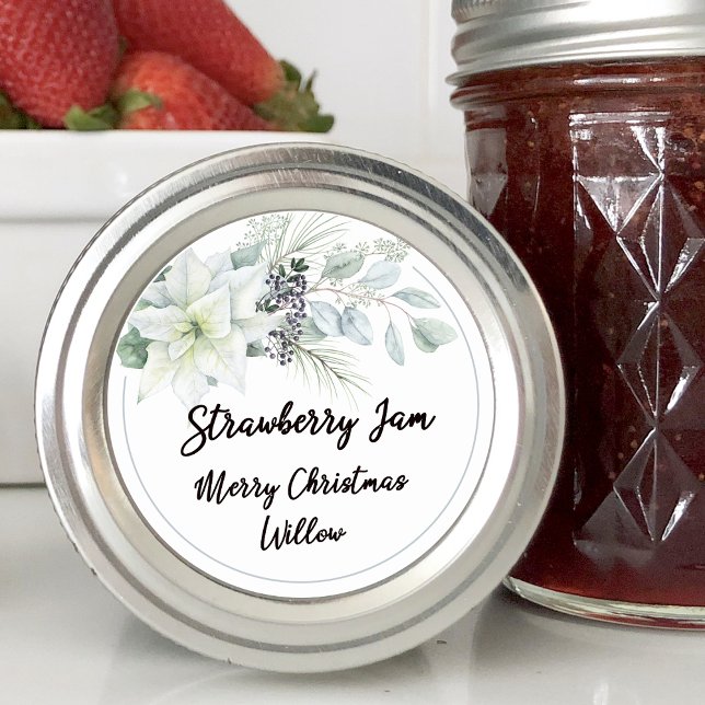 Adesivo Vazio de Poinsettia Branca Mason Jar (White Poinsettia Blank Homemade Mason Jar Classic Round Sticker)