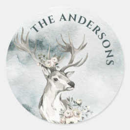 Adesivo Veado com Flores Aquarela Pequenos Rótulos Redondo