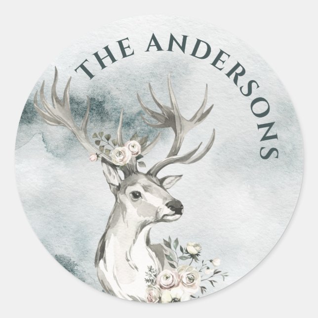 Adesivo Veado com Flores Aquarela Pequenos Rótulos Redondo (Frente)