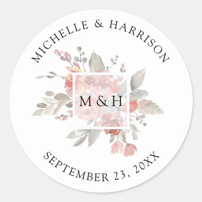 Adesivo Vedais de Envelope Floral de Cinza Rosa Elegante (Frente)