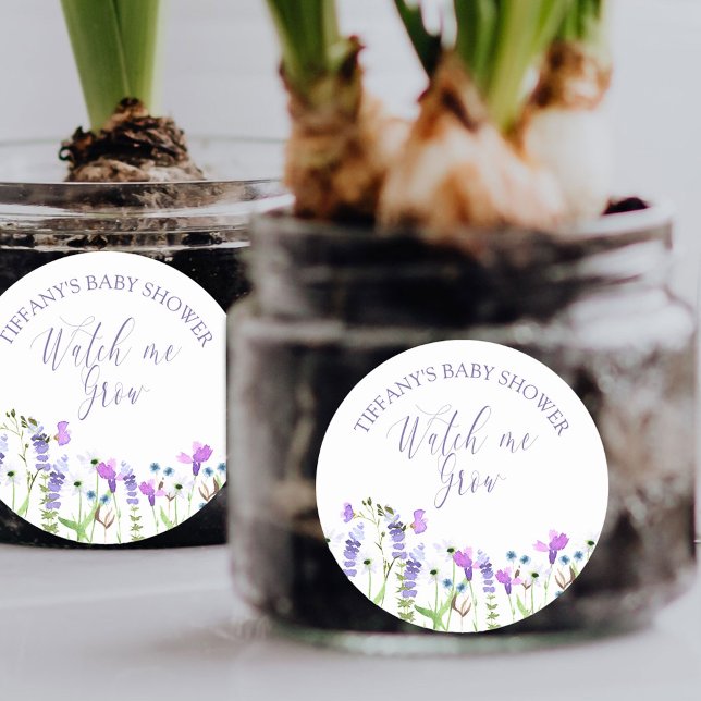 Adesivo Vejam-me Cultivar Chá de fraldas de flor selvagem  (Watch me Grow baby shower favor sticker from my Purple Wildflower Collection.)