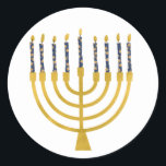 Adesivo Velas Azuis Festivas Menorah Hanukkah Desenho<br><div class="desc">Velas de folha de ouro falsa para a comemoração de Chanucá. A ilustração menorah Whimsical com estrelas brancas cobria velas celestiais em um falso suporte de velas menorah dourada. Menorah starry Hanukkah ilustrou presentes de design e produtos de papel.</div>