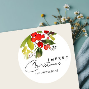 ADESIVO VERDE RED HOLY BERRIES WATERCOLOR MERRISTMAS