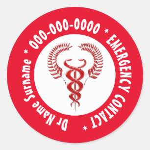 Adesivo Vermelho caduceus em branco com contato de emergên