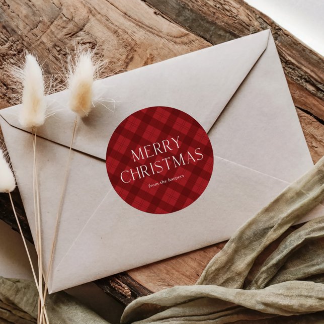 Adesivo Vermelho Xadrez Feliz Natal  (Modern red plaid elegant Merry Christmas card envelope closure sticker.)