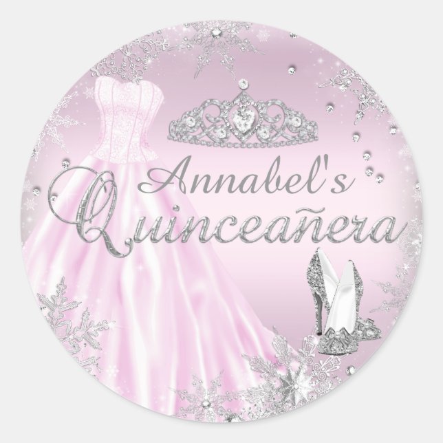 Adesivo Vestido Cintilante Rosa Tiara Quinceanera Sticker (Frente)