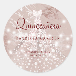 Adesivo vestido de glitter rosa ouro para festa de 15 anos