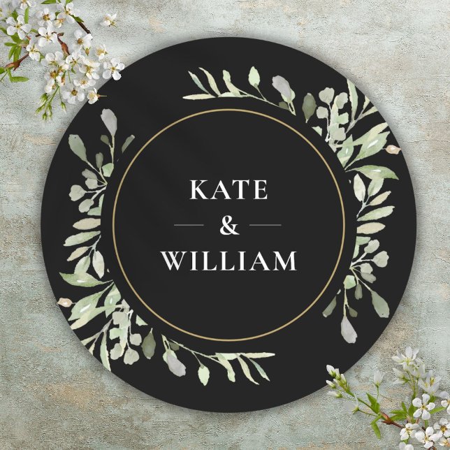 Adesivo Vestido Negra De Casamento Elegante (Elegant Watercolour Greenery Wedding Black Favor Classic Round Sticker)
