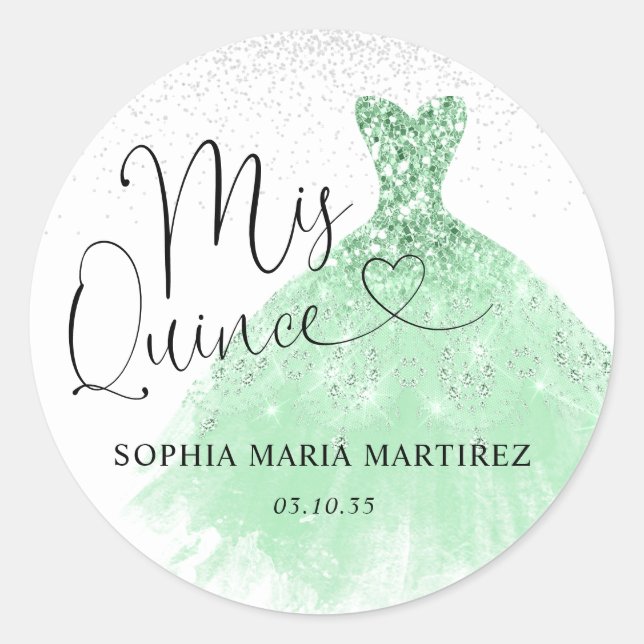 Adesivo Vestido Prata Verde Salvia Mis Quince Quinceañera (Frente)