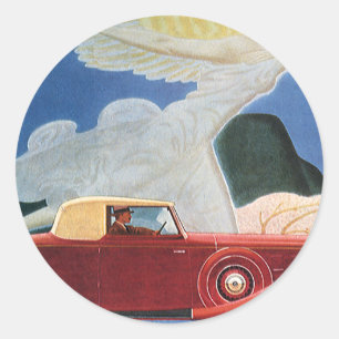 Adesivo Viagens Antigas, Carro Vermelho Antigo com Mulher 