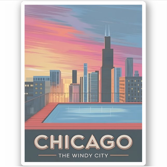 Adesivo Viagens vintage Chicago Sunset Skyline Cityscape (Frente)