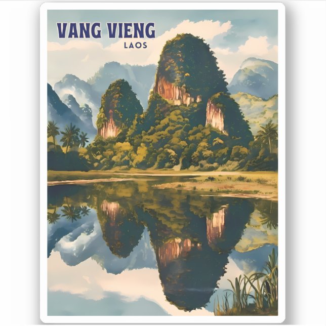Adesivo Viagens vintage retrô Vang Vieng Laos Paisagem (Frente)