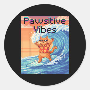 Adesivo Vibrações Pawsitivas Gato Surfando - Onda de Pixel