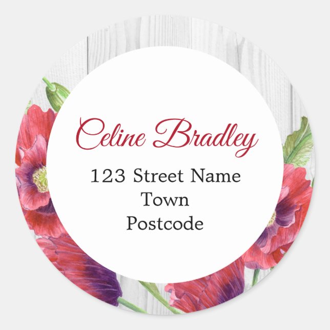 Adesivo Vibrant Watercolor Red Poppies Endereço Russo (Frente)