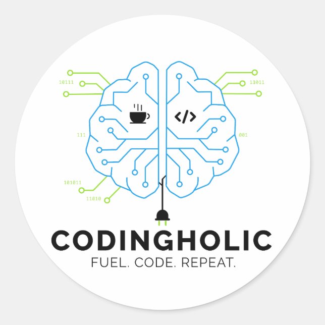 Adesivo Viciado em Código Cérebro de Tecnologia Programado (Frente)