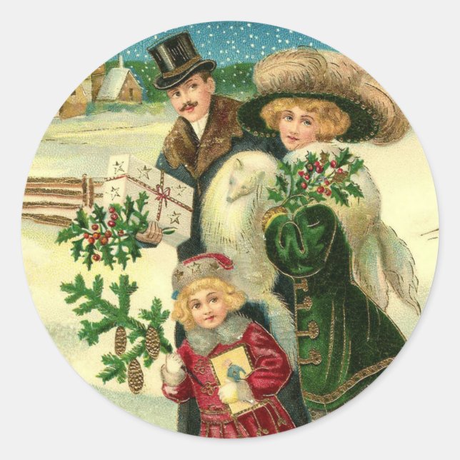 Adesivo Victorian family in the snow Christmas scene (Frente)