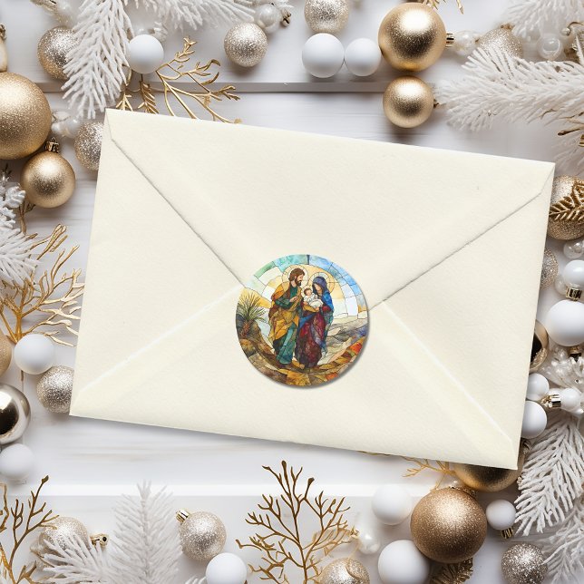 Adesivo Vidro Colorido Religioso de Férias Família (Religious Stained Glass Holiday Family Classic Round Sticker
)