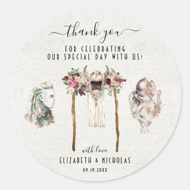 Adesivo Viking de Aquarela Elegante | Favor de Casamento (Frente)