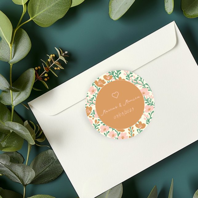 Adesivo Vinhas De Flor Selvagem Cor-de-Rosa, Casamento Ele (Wildflower Vines Pink Green Elegant Wedding Custom Classic Round Sticker
)