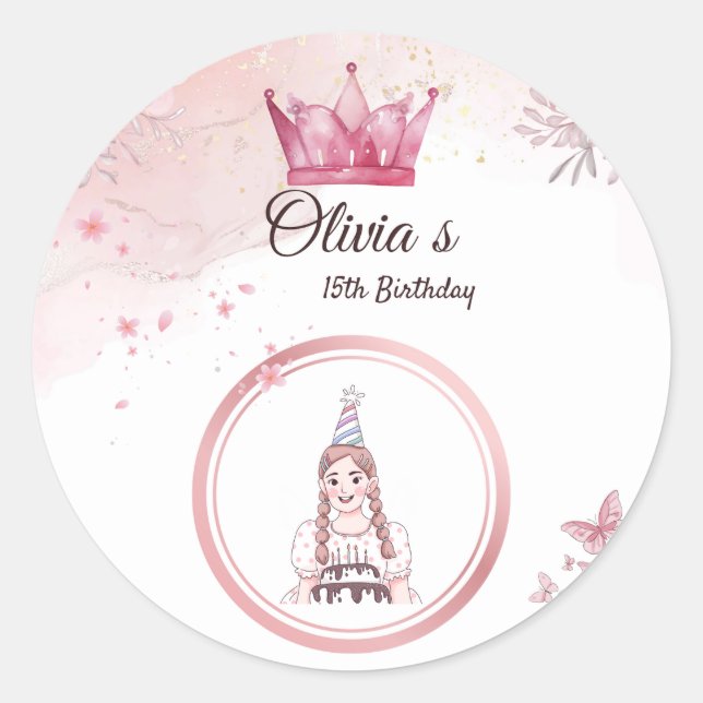 Adesivo Vinheta-15 de-Aniversário de Coroa Floral Rosa Ele (Frente)