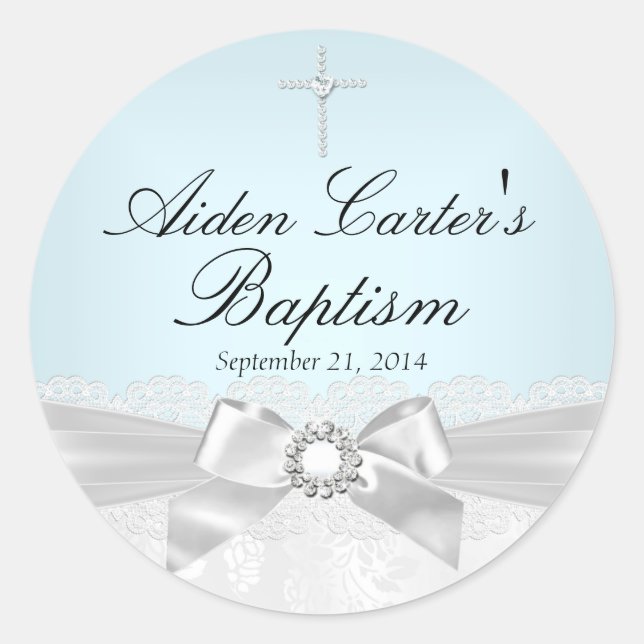 Adesivo Vinheta Azul Branco Lace & Cross Baptism (Frente)