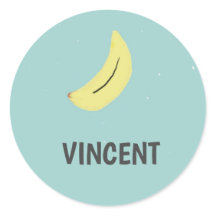 Vinheta azul de desenho da banana amarela