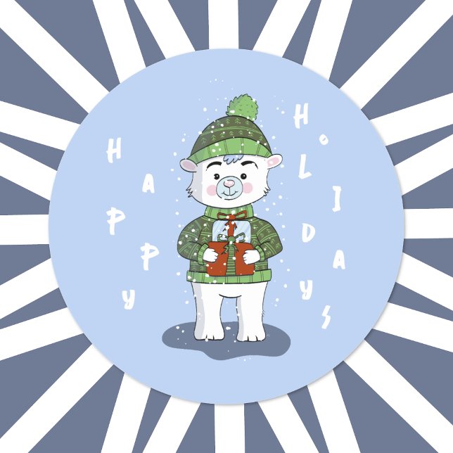 Adesivo Vinheta Azul de Urso Polar Feliz (Cute Polar bear Happy Holidays round blue sticker .
)