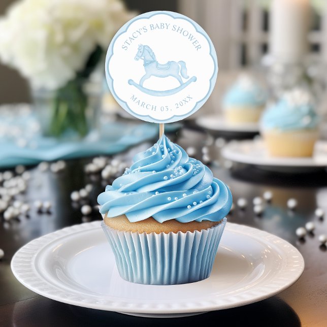 Adesivo Vinheta Chá de fraldas de Cavalo Azul-Rocking (Blue Baby Shower Favor Sticker)