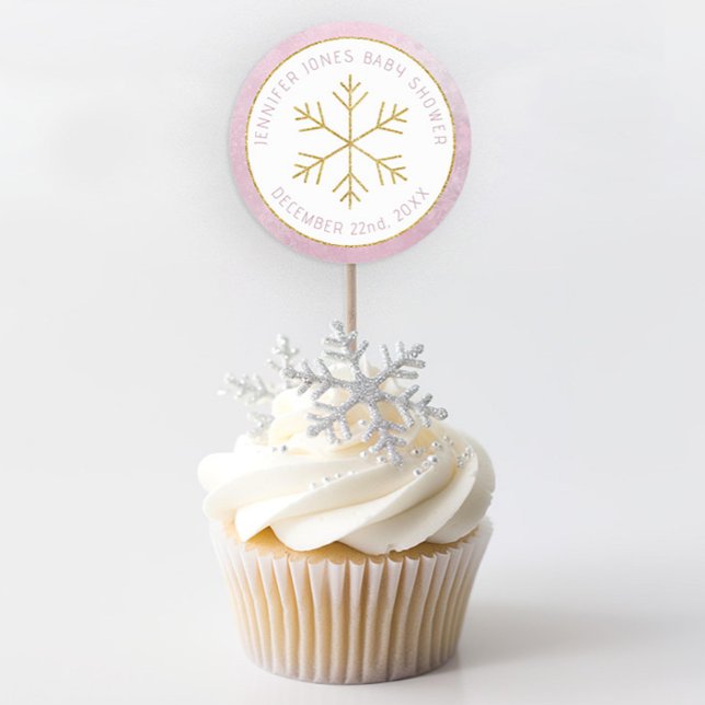 Adesivo Vinheta-Chá de fraldas de Floco de Neve Rosa (Winter Wonderland Blush Pink Baby Shower Favor Stickers)