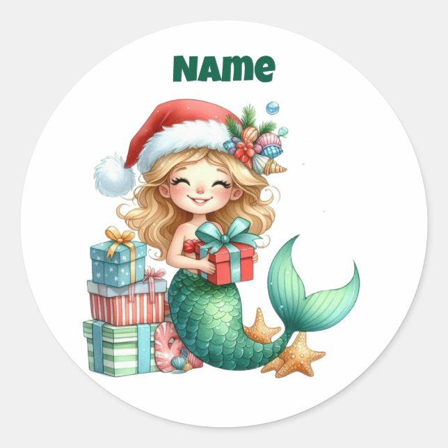 Adesivo Vinheta Circular Personalizada da Sereia de Natal (Frente)