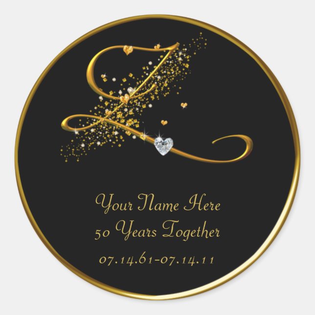 Adesivo Vinheta de 50 anos do Monograma Dourado e Preto (Frente)