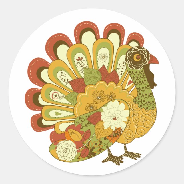 Adesivo Vinheta de Ação de Graças Whimsical Floral Turkey (Frente)