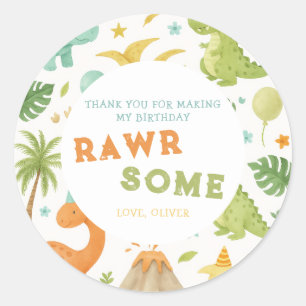Adesivo Vinheta de aniversário do Dinossauro Laranja Verde