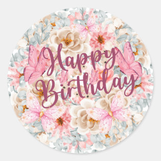 Adesivo Vinheta de Aniversário Floral e Borboleta Elegante