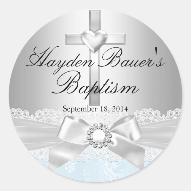 Adesivo Vinheta de Batismo Azul com Arco Cruzado e Lace (Frente)