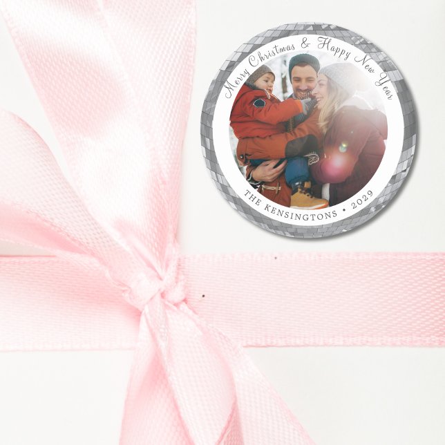 Adesivo Vinheta de Bola de Disco Fotográfica Personalizada (Custom Family Photo Disco Ball Sticker with Text)